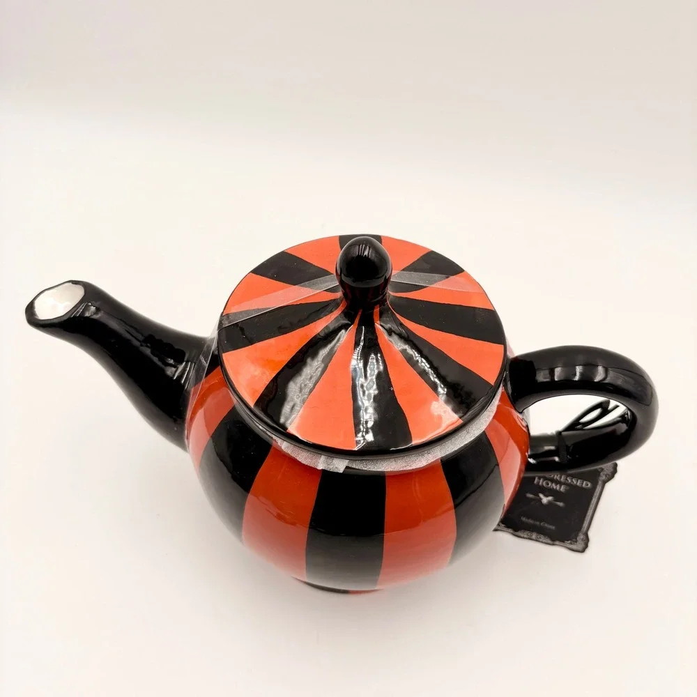 Arlington Design Well Dressed Home Orange Black Striped Ceramic Teapot Halloween